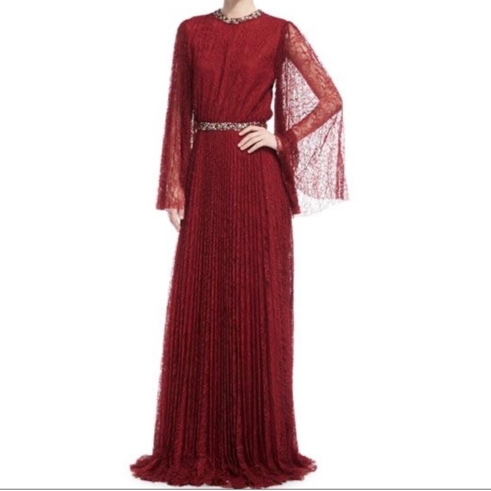 Sachin & Babi Red Lace Pleated Maxi Dress 14 Beaded Evening Gown Boho Chic
